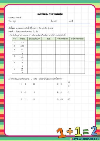 แบบทดสอบ เรื่อง จำนวนเต็ม