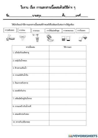 ใบงานที่ 2 เรื่องวิธีการแยกสารเนื้อผสม