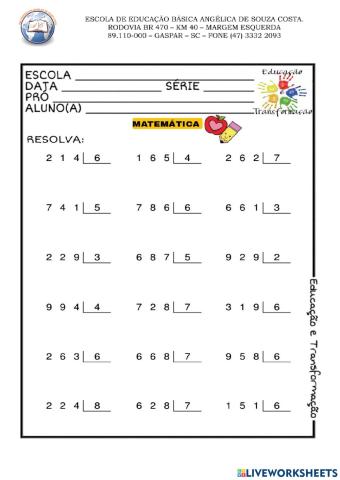 Atividade de Divisão com Sobra ou Resto 4º Ano - II