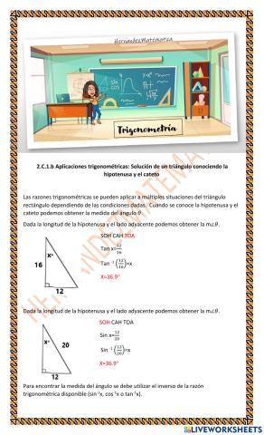 TRIG 2.C.1.b Aplicaciones trigonométricas: Solución de un triángulo conociendo un ángulo y el cateto