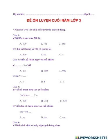 Ôn tập toán lớp 3 cuối năm