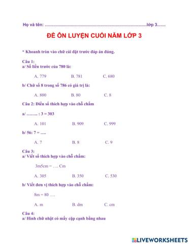 Ôn tập toán lớp 3 cuối năm