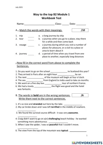 Way to the top B2 Module 1 Workbook Test