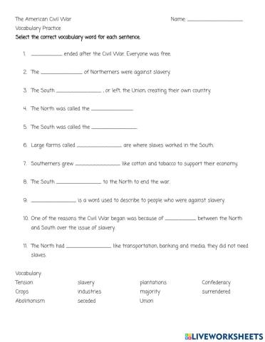 Civil War Vocabulary ABSS EL
