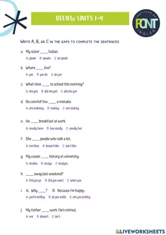 Review Units 1-4 English File Pre Int