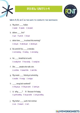 Review Units 1-4 English File Pre Int