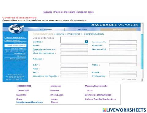 Formulaire assurance de voyage