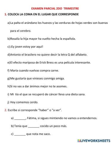 Evaluación parcial 2do trimestre 1ro de Secundaria
