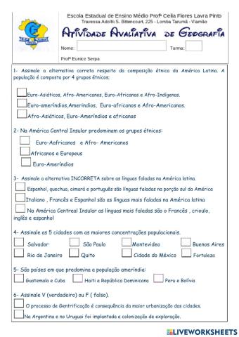 Atividade Avaliativa População da América Latina