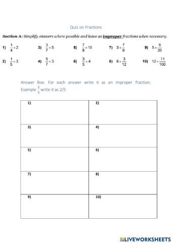 Quiz of Fractions Section A