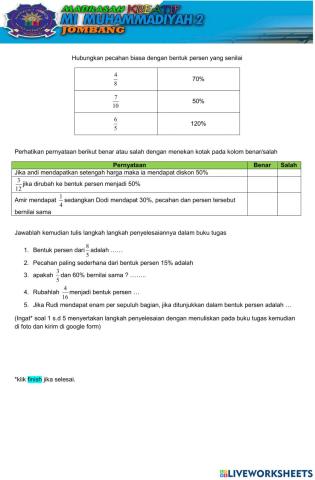 LKPD Kuis mengubah bentuk pecahan menjaadi persen