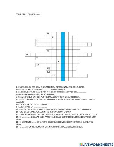 CRUCIGRAMA ELEMENTOS CIRCULO CIRCUNFERENCIA