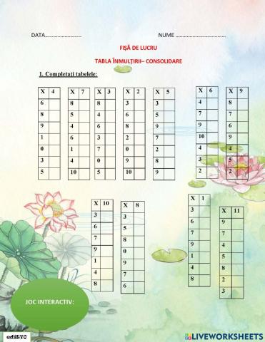 Tabla înmulțirii – consolidare (Fișă de lucru)