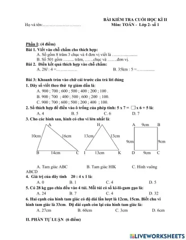 Đề kiểm tra môn toán kì 2 -số 1