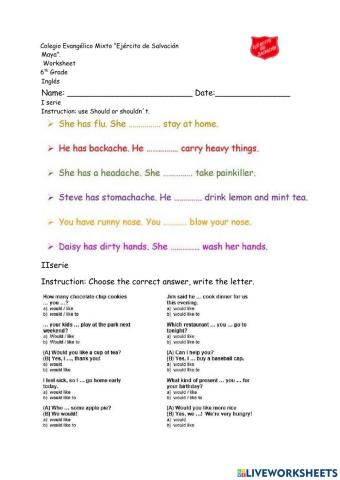 Worksheet 6th grade  should- can-would-could