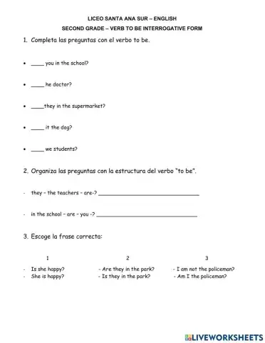 Evaluacion verb to be interrogative form