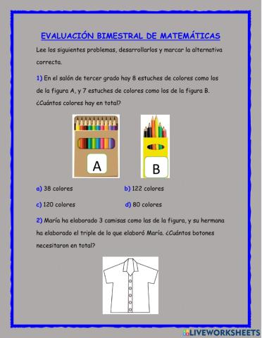 Evaluacion bimestral matematicas tercer grado
