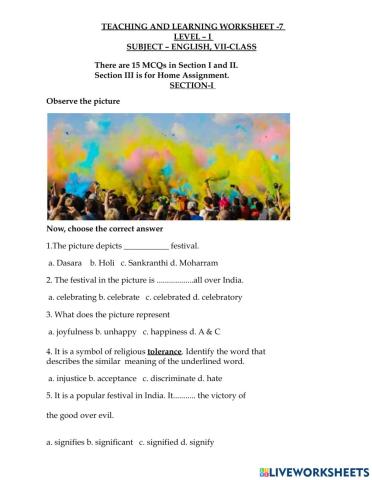 7th Online worksheet of 7 Level 1