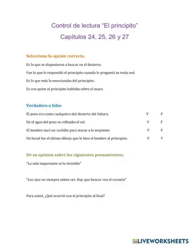 Control de lectura El principito capítulos 24,25,26,27