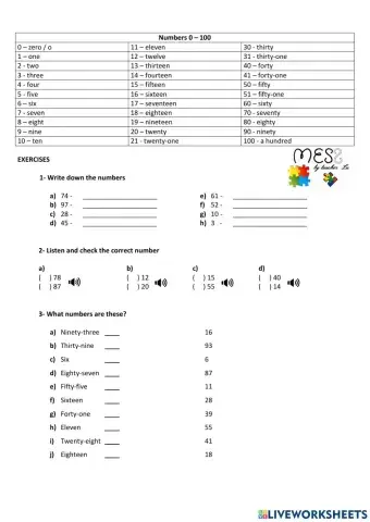 Numbers 0-100 (WITH AUDIO)