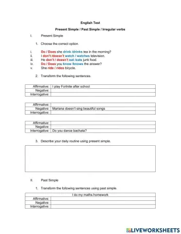 English test, present and past simple - irregular verbs