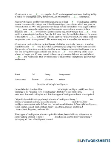 Multiple Intelligence Theory Cloze Test 