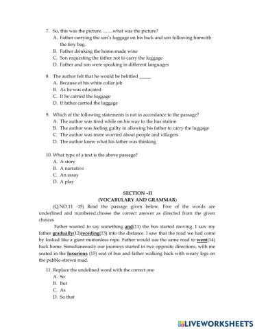 Class X: worksheet 6 in unit 3 Reading.A