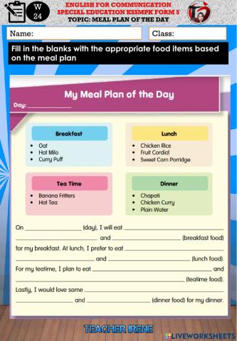 Meal plan of the day