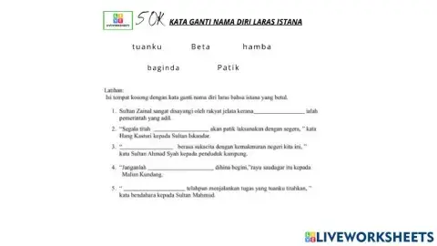 Bm tahun 5 kata ganti nama diri laras istana