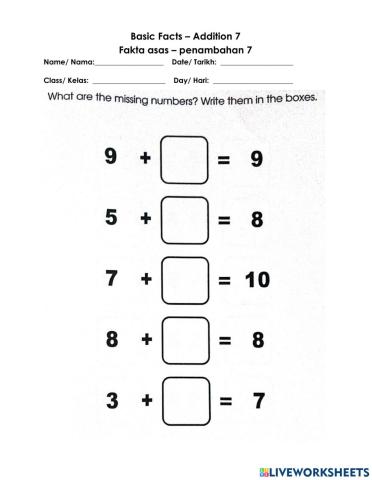 Basic facts - addition 7