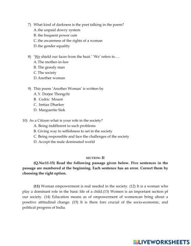 Class X: worksheet 12 in unit-3 Reading.B