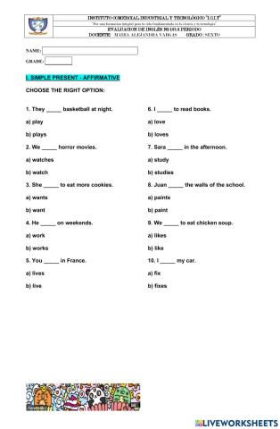 Examen de ingles 6to grado