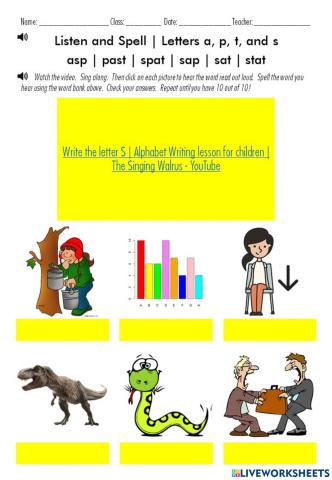 Listen and Spell - Letters a, p, t, and s.  asp - past - spat - sap - sat - stat