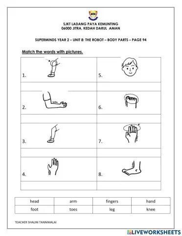 Superminds worksheet- Unit 8- The Robot - Body Parts (Page 94)