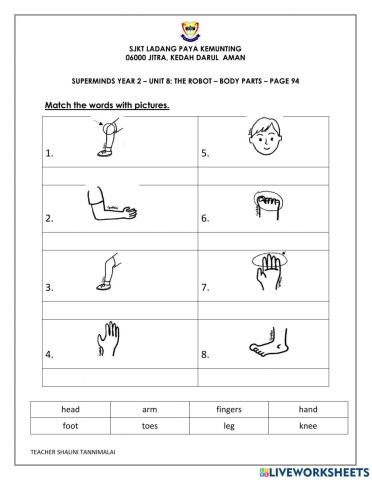 Superminds worksheet- Unit 8- The Robot - Body Parts (Page 94)