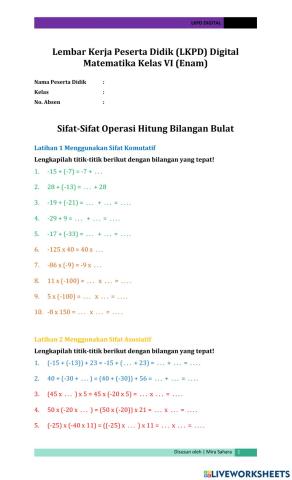 LKPD Sifat-Sifat Operasi Hitung Bilangan Bulat