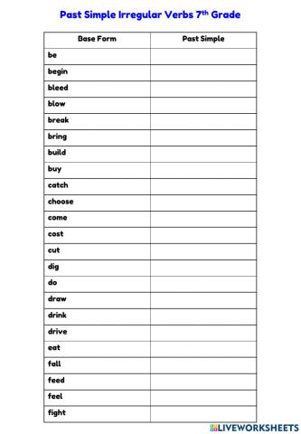 Past Simple Irregular Verbs 7th Grade