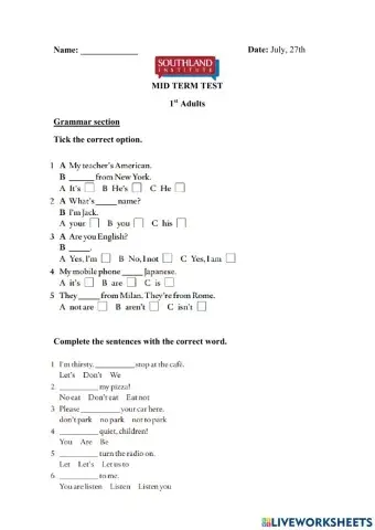 Mid Term Test - 1st Adults