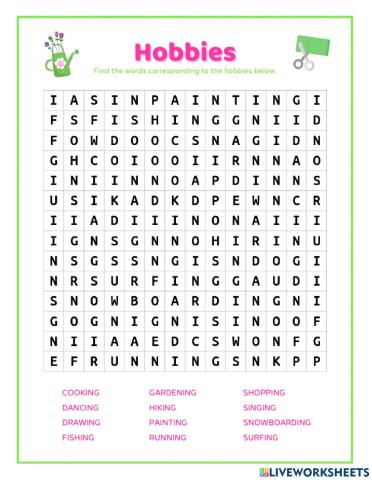 Hobbies wordsearch