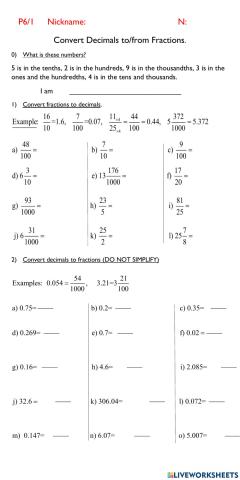 Convert Decimals - Fractions