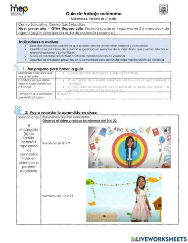 Guía de Trabajo Matemática: Números 0 al 29