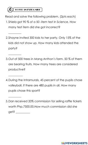 Math Worksheet in Percentage