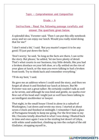 Comprehension and composition worksheet for grade 6