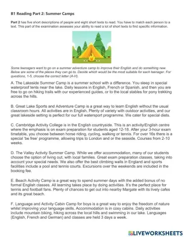 B1 Reading Part 2: Summer Camps