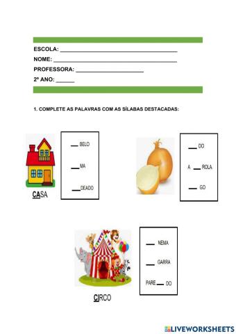 Completar as palavras com as sílabas