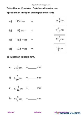 Menukar unit mm dan cm melibatkan pecahan