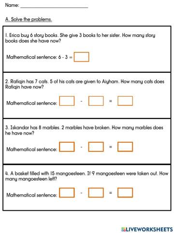 Problem solving subtraction within 10 and 18