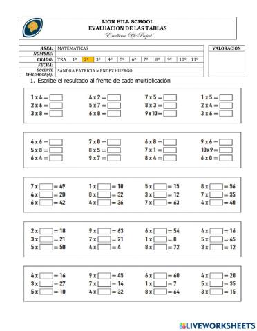 Quiz tablas de multiplicar grado 2