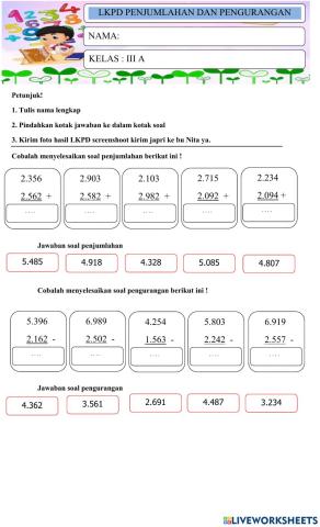 Lkpd kelas 3 penjumlahan dan pengurangan
