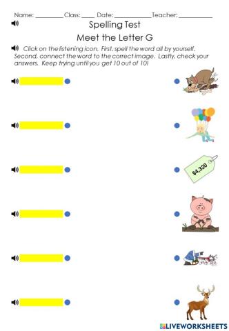 Spelling Test for Meet the Letter G. Words admit, and, damp, madman, sand, and stand
